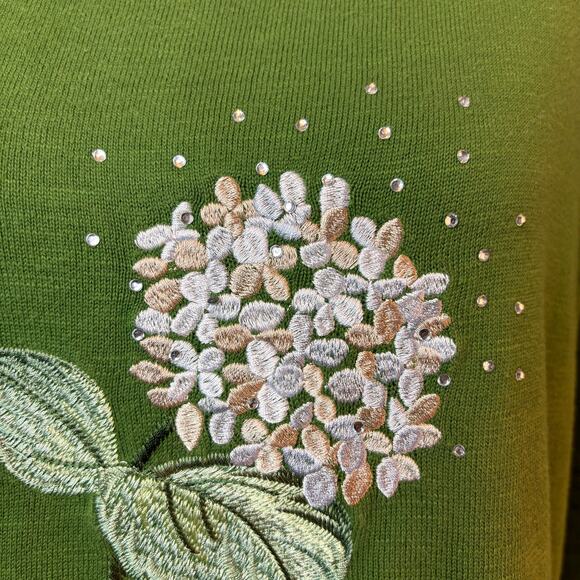 Bua/ Bua Sweater Women Small Green Embellished Embroidered 3/4 Sleeve Hydrangea - Picture 4 of 7